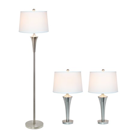 Lalia Home 3pc Metal Lamp Set 2 Table Lamps, 1 Floor Lamp White Shades and Brushed Nickel Finish LHS-1008-BN